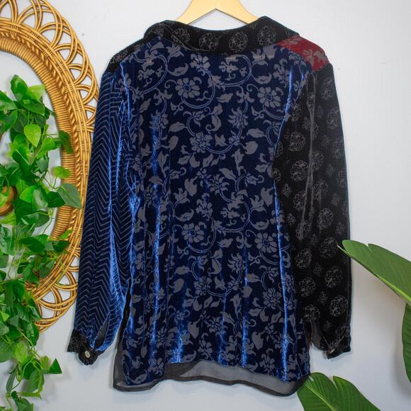 Vtg Koos of Course Velvet Patchwork Burnout Artsy Statement Blouse M Dark Winter - Picture 2 of 8